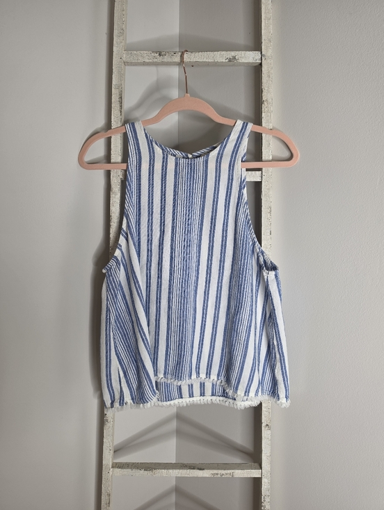 cloth & stone Tops - Cloth & Stone Women's Large Linen Blend Fringe Sleeveless Blue White Stripe Top